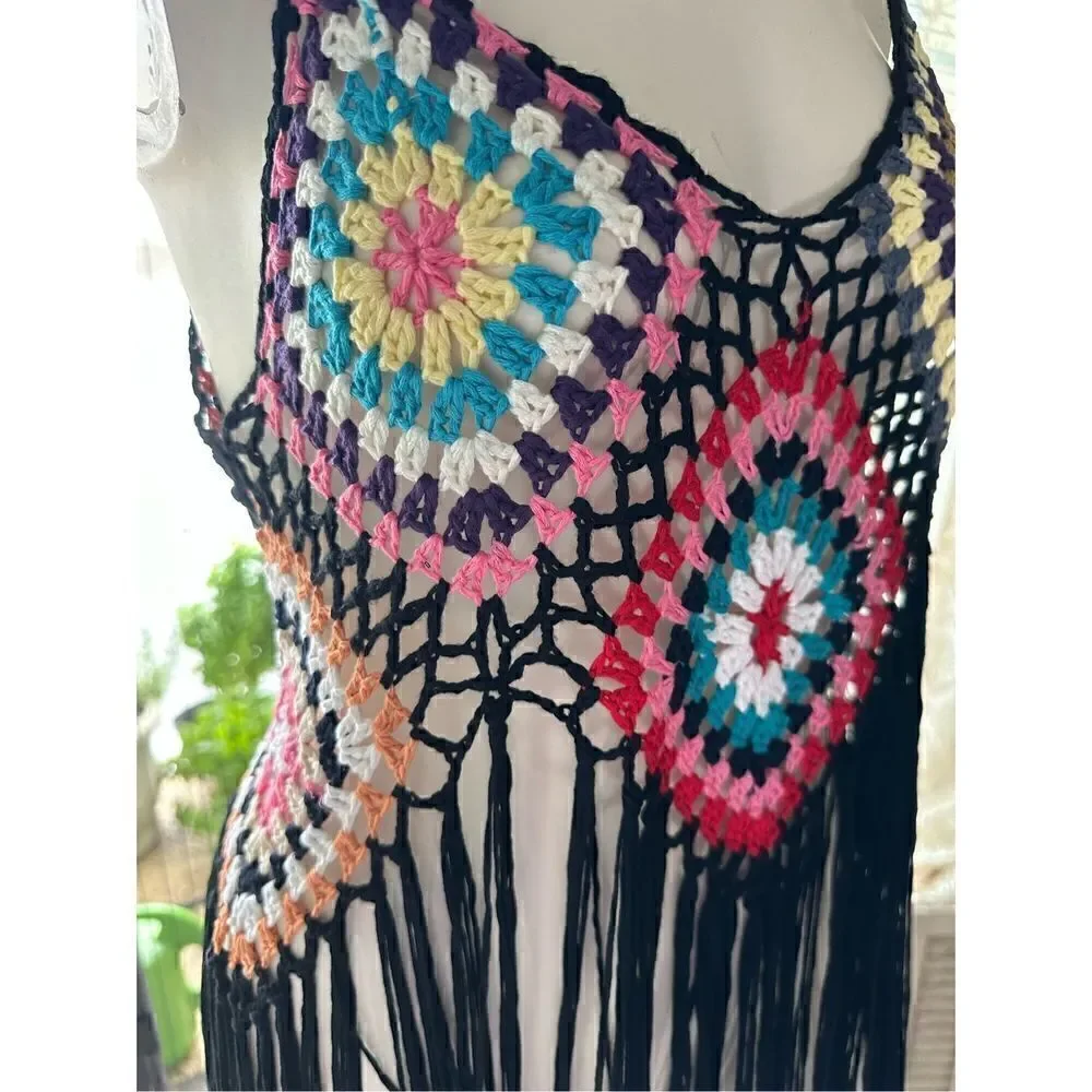 Handmade Women's Black Crochet Bohemia Long Fringe Tassel Beach Cover Dress
